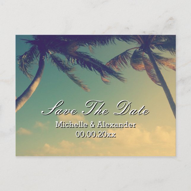 Palm tree beach wedding Save The Date postcards (Front)