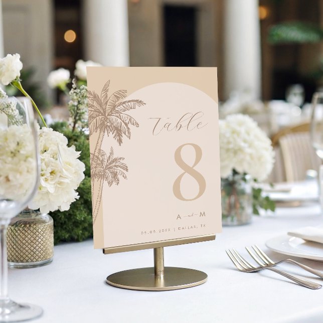 Palm Tree Beige Script Monogram Beach Wedding  Table Number (Creator Uploaded)