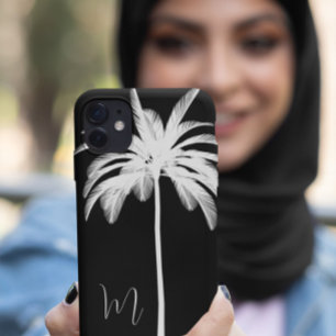 Palm Tree Black White Elegant Monogram iPhone 15 Case