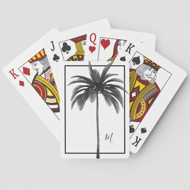 Palm Tree Blck White Tropical Elegant Monogram    Playing Cards (Back)