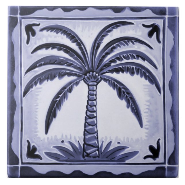 Palm Tree Blue and White Tropical Beach house Tile (Front)