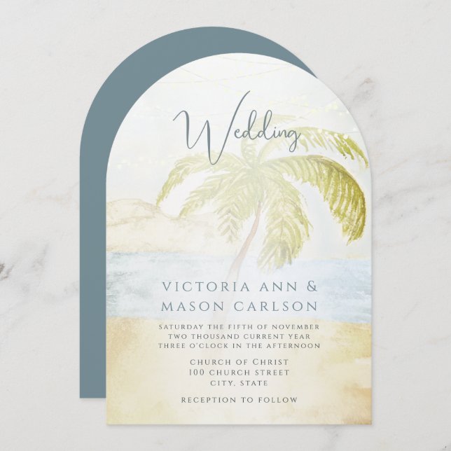 Palm Tree Blue Green Enchantment Coastal Wedding Invitation (Front/Back)