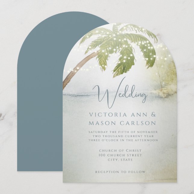 Palm Tree Blue Green Enchantment Coastal Wedding Invitation (Front/Back)
