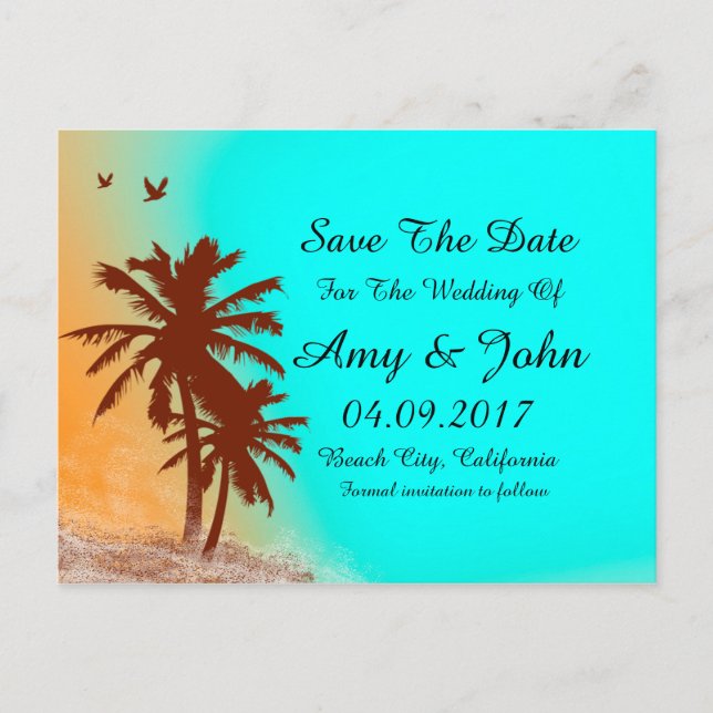 Palm tree blue ocean wedding save the date beach2 announcement postcard (Front)