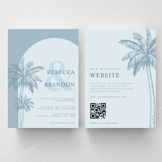 Palm Tree Boho Beach Dusty Blue QR Code Wedding Invitation (Creator Uploaded)