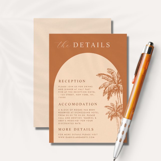 Palm Tree Boho Beach Terracotta Details Wedding Enclosure Card (Creator Uploaded)