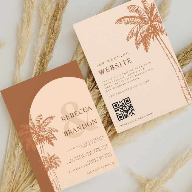 Palm Tree Boho Beach Terracotta QR Code Wedding Invitation (Creator Uploaded)