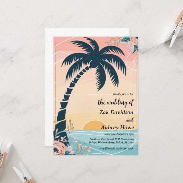 palm tree boho beach wedding invitations (Front/Back In Situ)