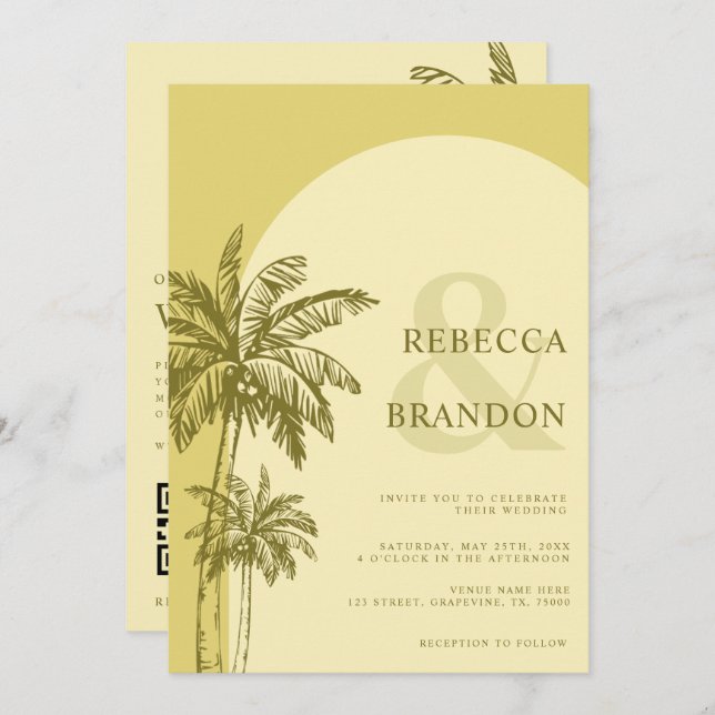 Palm Tree Boho Beach Yellow QR Code Wedding Invitation (Front/Back)