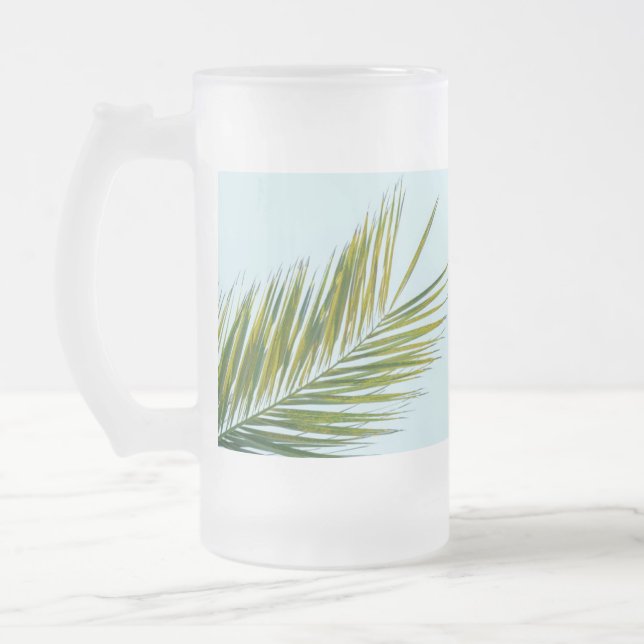 Palm tree branch frosted glass beer mug (Left)