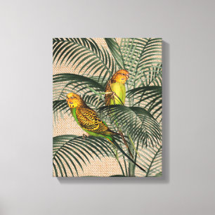Palm Tree Budgerigar Parrot Rustic Hessian Canvas