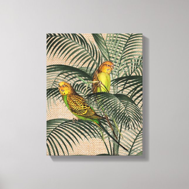 Palm Tree Budgerigar Parrot Rustic Hessian Canvas  (Front)