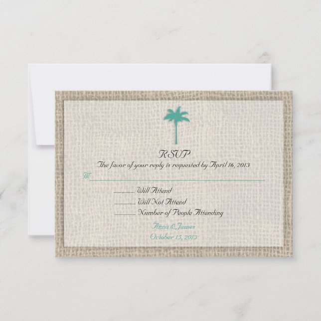 Palm Tree & Burlap Beach Wedding RSVP Turquoise Card (Front)