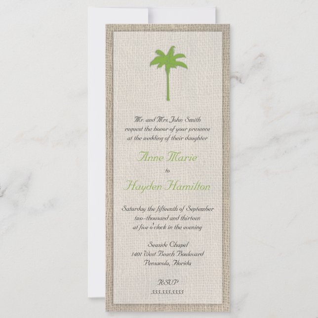 Palm Tree & Burlap Wedding Invitation - Green (Front)
