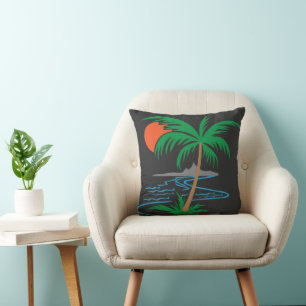 Palm Tree by the River   Tropical Sunset Art Cushion