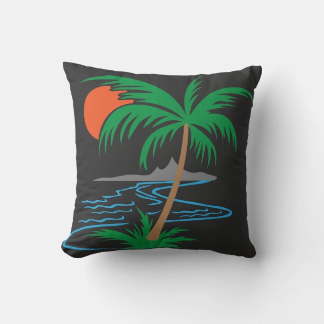 Palm Tree by the River | Tropical Sunset Art Cushion (Front)