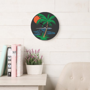 Palm Tree by the River   Tropical Sunset Art Large Clock