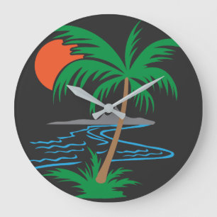 Palm Tree by the River Tropical Sunset Art Large Clock