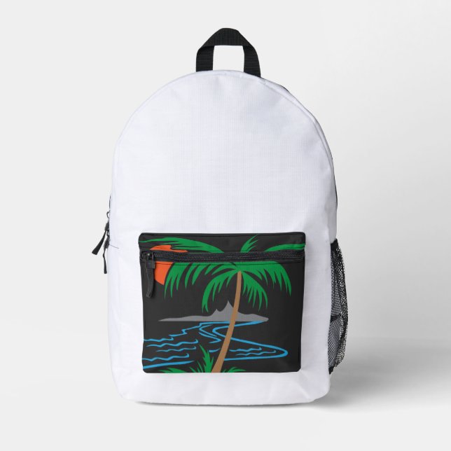 Palm Tree by the River | Tropical Sunset Art Printed Backpack (Front)