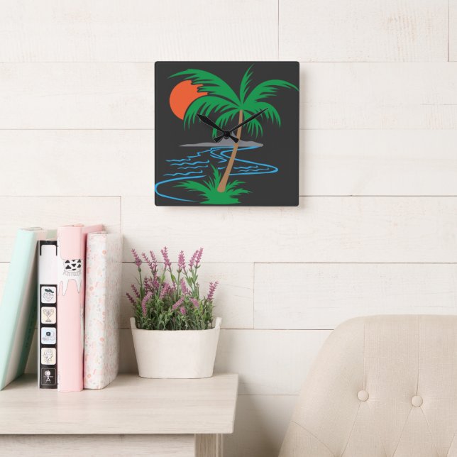Palm Tree by the River | Tropical Sunset Art Square Wall Clock (Reading Room)