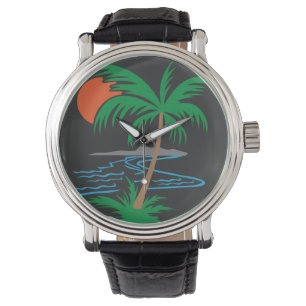 Palm Tree by the River Tropical Sunset Art Watch