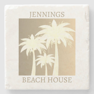 Palm Tree Coastal Beige Sand Beach House Name Stone Coaster
