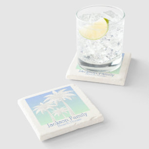 Palm Tree Coastal Blue Green Sky Ombre Name Stone Coaster