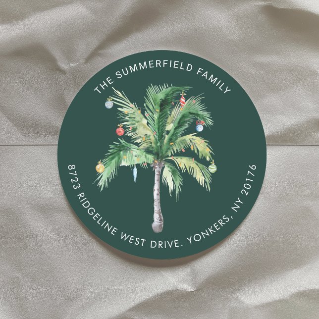Palm Tree Coastal Christmas Return Address Classic Round Sticker (Palm Tree Coastal Christmas Return Address Classic Round Sticker)