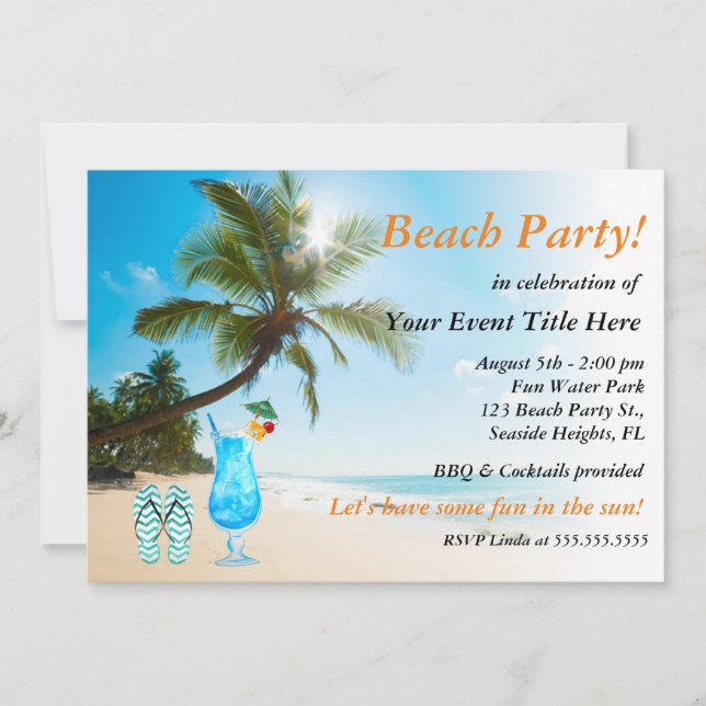 Palm Tree Cocktail Adult's Beach Party Invitation (Front)