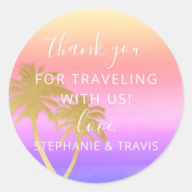 Palm Tree Colourful Ombre Sunset Wedding Thank You Classic Round Sticker (Front)