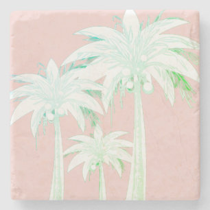 Palm Tree Coral Pink Summer Green White Tropical Stone Coaster