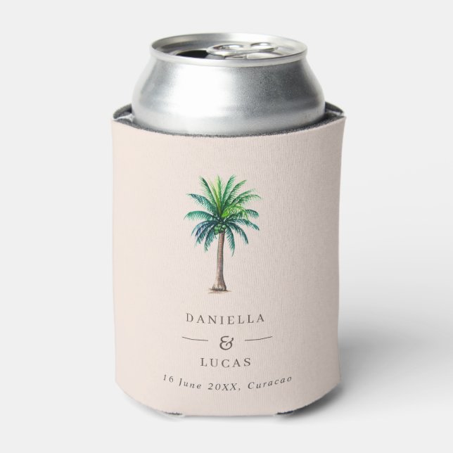 Palm Tree Destination Wedding Blush Names & Date Can Cooler (Can Front)