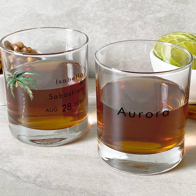 Palm Tree Destination Wedding Bridal Party Whiskey Glass (Creator Uploaded)