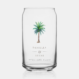 Palm Tree Destination Wedding Names & Date Can Glass