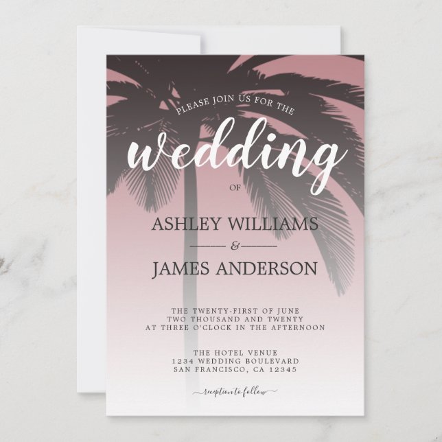 Palm Tree Dusty Rose Beach Wedding Invitation (Front)