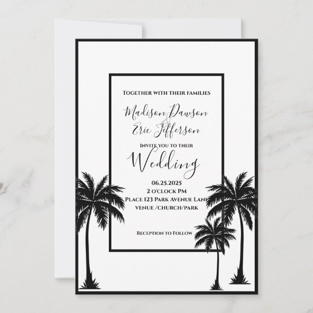Palm Tree Elegant Black White Wedding Invitation (Front)