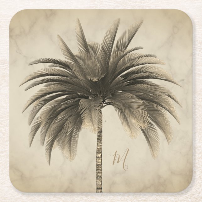 Palm Tree Elegant Retro Chic Marble  Square Paper Coaster (Front)