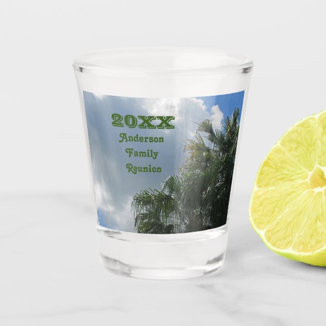 Palm Tree Family Reunion Summer Vacation Keepsake Shot Glass (Front)