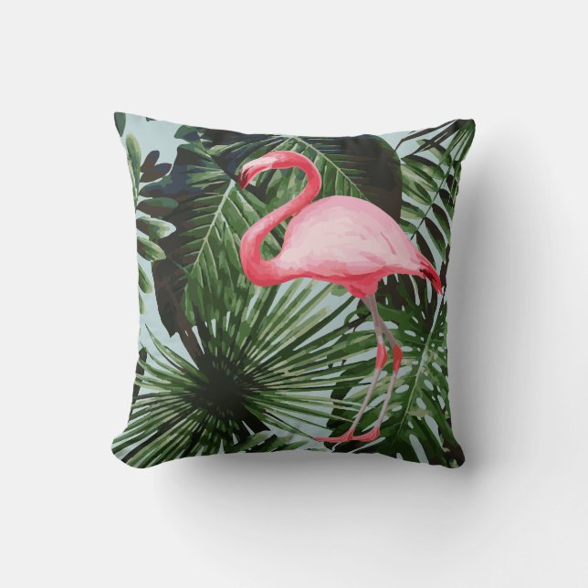 Palm Tree Flamingo Tropical Cushion Blue (Front)