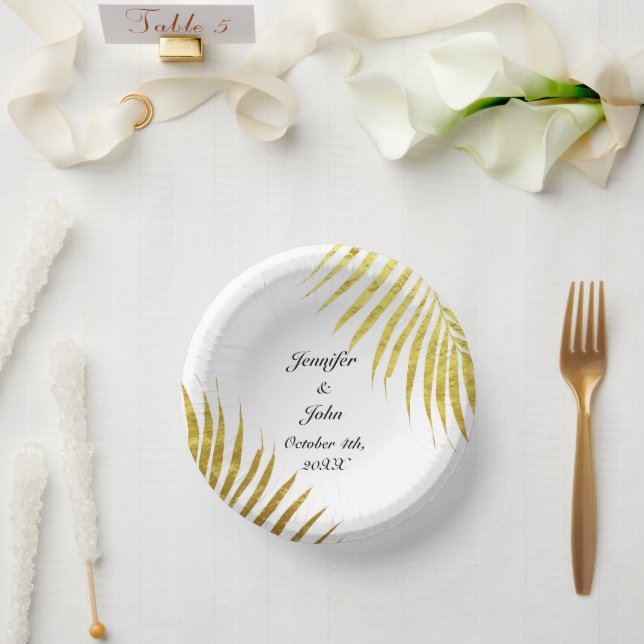 Palm Tree Foliage Gold Foil Leaves Cute Weddings  Paper Plate (Wedding)