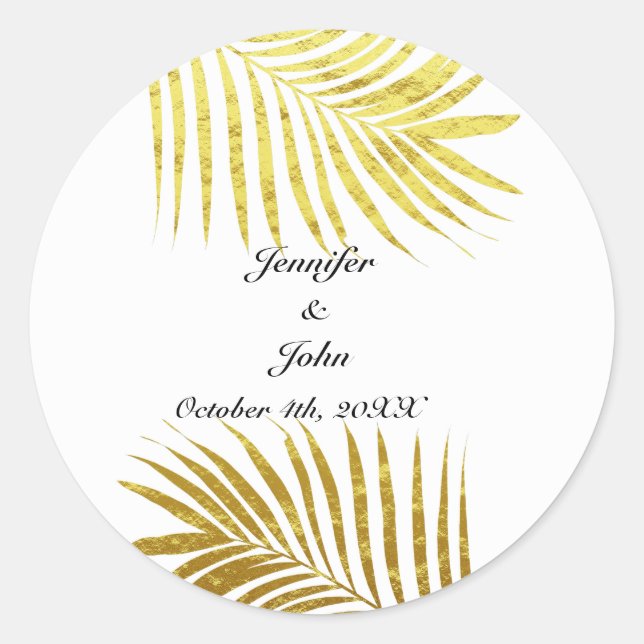 Palm Tree Foliage Gold Foil Leaves Wedding White Classic Round Sticker (Front)