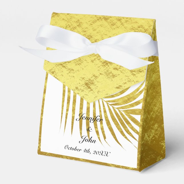 Palm Tree Foliage Gold Foil Leaves Wedding White Favour Box (Front Side)