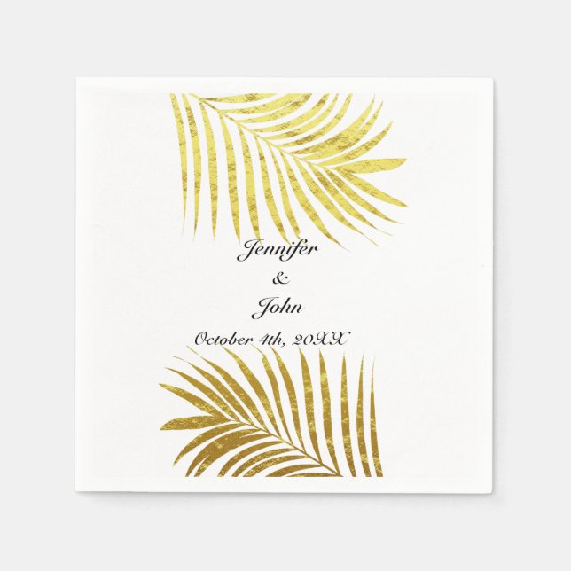 Palm Tree Foliage Gold Foil Leaves Wedding White Napkin (Front)