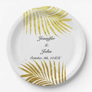 Palm Tree Foliage Gold Foil Leaves Wedding White Paper Plate
