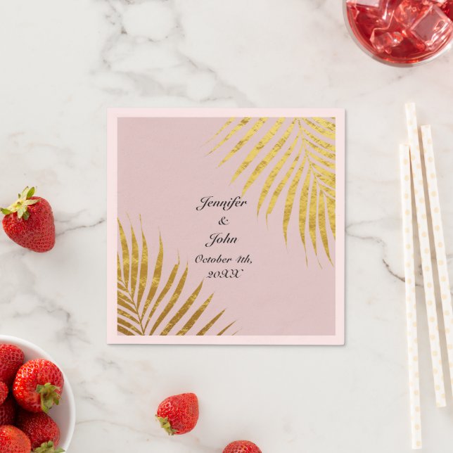 Palm Tree Foliage Gold Foil Leaves Weddings Pink Napkin (Insitu)