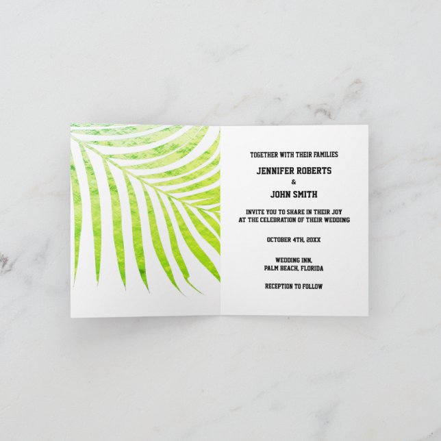 Palm Tree Foliage Green Foil Leaves Wedding White Note Card (Inside)