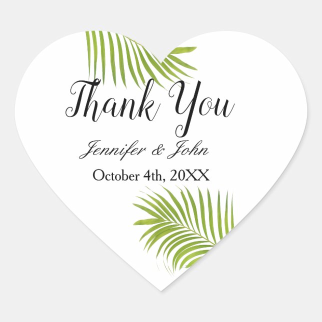 Palm Tree Foliage Green Watercolor Leaves Wedding Heart Sticker (Front)
