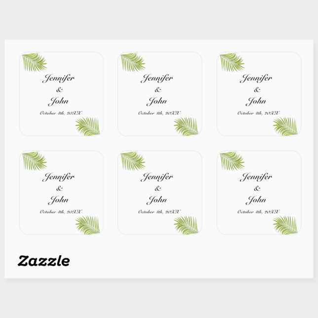 Palm Tree Foliage Green Watercolor Leaves Wedding Square Sticker (Sheet)