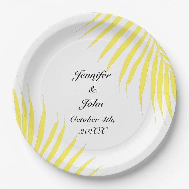 Palm Tree Foliage Lemon Yellow Leaves Weddings Paper Plate (Front)