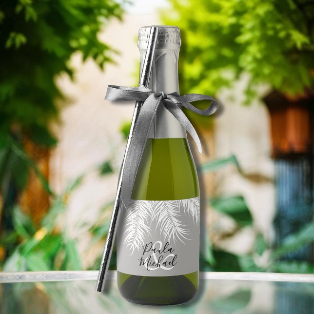 Palm Tree Fronds on Silver Mini Sparkling Wine Label (White palm tree fronds on silver gray mini sparkling wine labels personalized for your wedding)